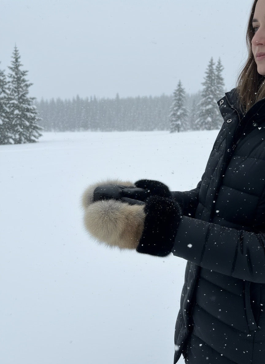 Mitaines de coyote avec bande de renard noir